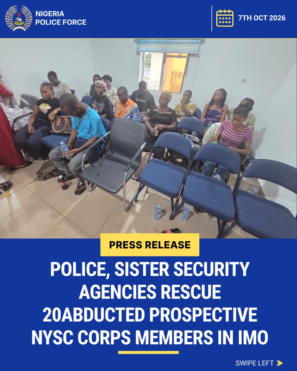 POLICE, SISTER SECURITY AGENCIES RESCUE 20 ABDUCTED PROSPECTIVE NYSC CORPS MEMBERS IN IMO