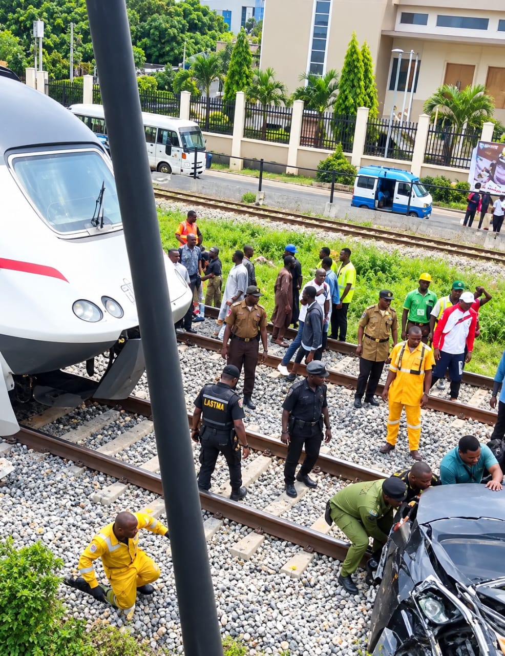 LASTMA, SECURITY PERSONNEL’S SWIFT INTERVENTION SAVES 55-YEAR-OLD MOTORIST AS MOVING TRAIN COLLIDES WITH HONDA CAR AT PWD RAILWAY LINE